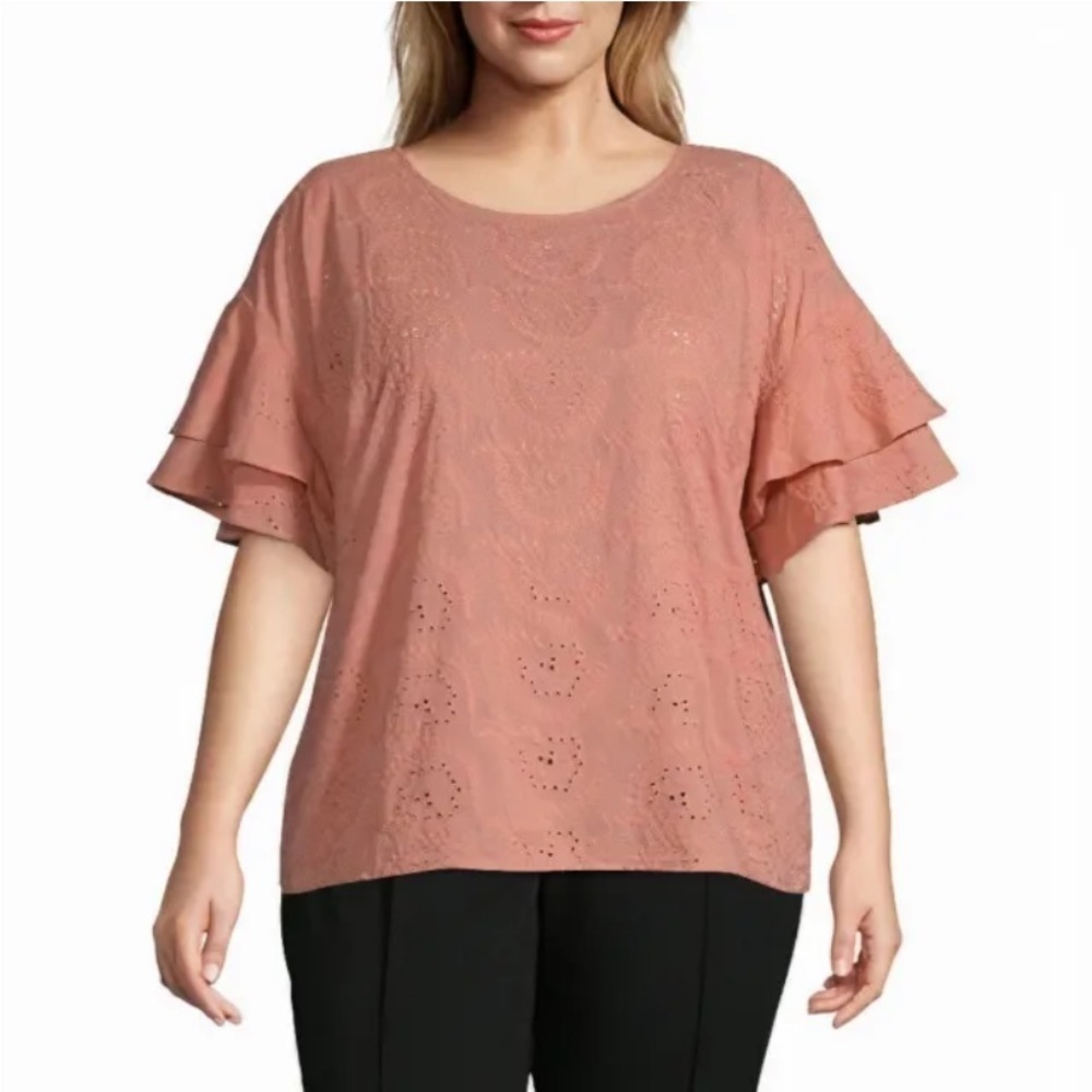 LIZ CLAIBORNE Eyelet Top Double Ruffle Short Sleeve Rose Dawn Women's โฆ